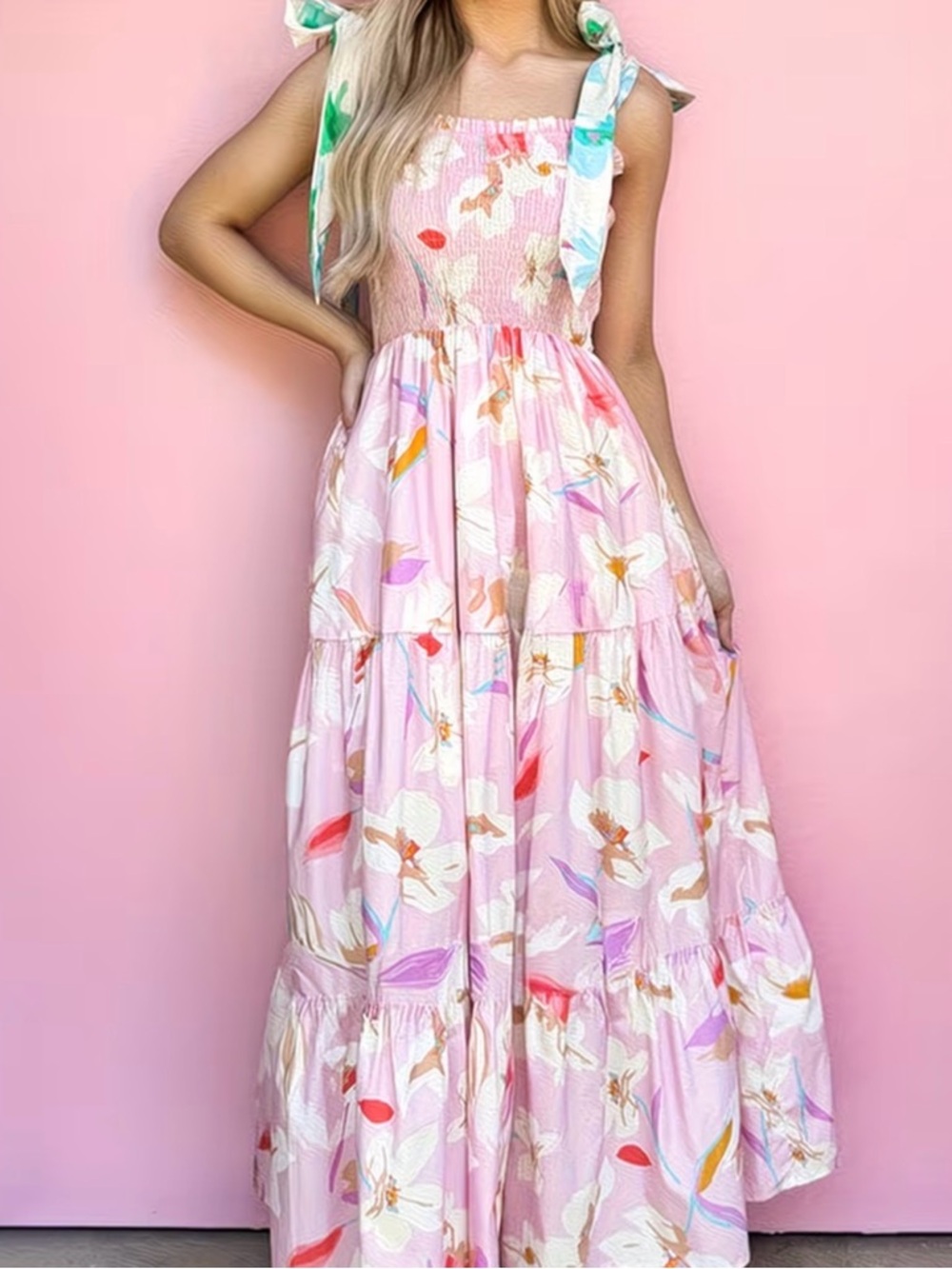 Pink Floral Tie-Shoulder Maxi Dress